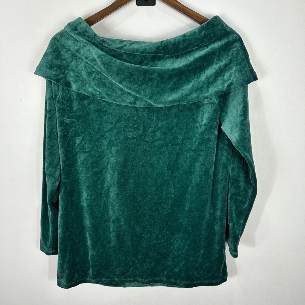 Talbots Velvet Cowl Neck Top Womens M Green Long Sleeve Blouse - Picture 2 of 6